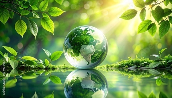 Obraz Planet Earth: Depicting a captivating image of our planet reflected in water. The scene symbolizes environmental consciousness, earth day, and a profound appreciation for nature.