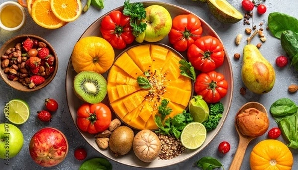 Fototapeta Colorful and Nutritional Food Platter: A vibrant assortment of fresh fruits and vegetables arranged artfully on a plate, showcasing a spectrum of colors and nutritional benefits.
