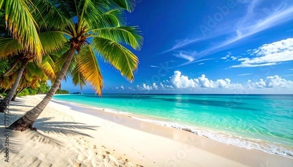 Fototapeta Paradise Beach: A stunning, vibrant beach scene featuring swaying palm trees, crystal-clear turquoise waters gently lapping at pristine, white sand under a brilliant blue sky.
