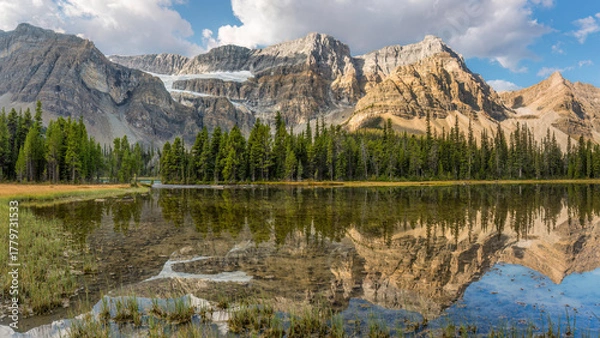 Fototapeta Reflection on Bow Lake looking towards Crowfoot Glacier on the Icefields Parkway