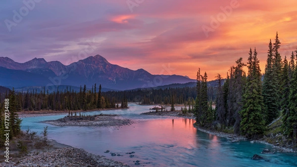 Fototapeta Dawn at the Saskatchewan River crossing on the Icefields Parkway - Banff National Park
