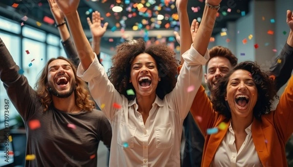 Obraz Diverse group of happy business people celebrating success with falling confetti in modern office. Team members cheer, raise hands up, share joy. Teamwork, positive emotion, achievement.