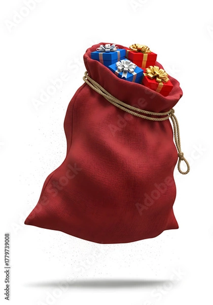 Obraz christmas gift sack with presents, christmas red bag filled with gifts, festive holiday sack with colorful boxes
