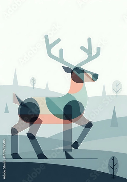 Obraz christmas deer in abstract forest, christmas geometric animal art, modern minimalist holiday landscape
