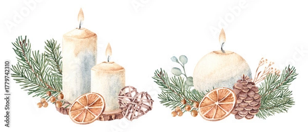 Obraz Christmas Candle Composition set with Fir Branches, dry Orange slice and Wicker Toy. Watercolor illustration isolated on white background. For Cards and Prints.