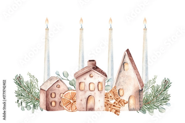 Fototapeta Christmas Advent Composition. Fourth Advent. Candles with Ceramic houses in Fir Branches and eucalyptus. Orange slice and Winter berries. Cozy home decoration in Rustic style. Watercolor Hand drawn
