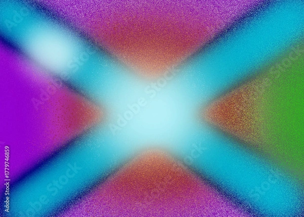 Obraz Fundo abstrato em formato de X, centro brilhante azul, faixas diagonais azuladas e bordas coloridas em verde, roxo e laranja, textura granular, estilo moderno e vívido