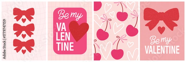 Fototapeta Collection of four valentines day themed cards with bows, hearts, and cherries in pink and red, valentines day concept, vector illustration