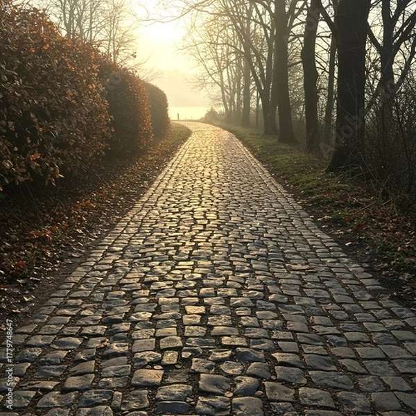 Fototapeta Cobblestone Path in Autumn Sunlight fall park trees golden light
