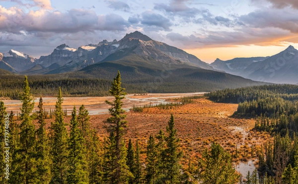 Fototapeta Sunset autumn colors at the Howse Pass Viewpoint at the North Saskatchwan River Crossing just off the Icefields Parkway in the Banff National Park