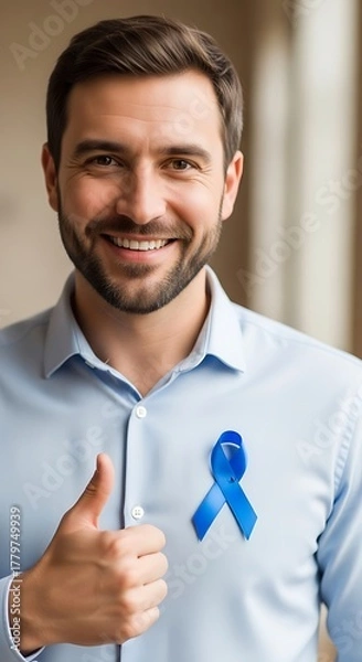 Fototapeta Smiling man showing blue ribbon and thumbs up gesture, Blue November, Men's Health Awareness 