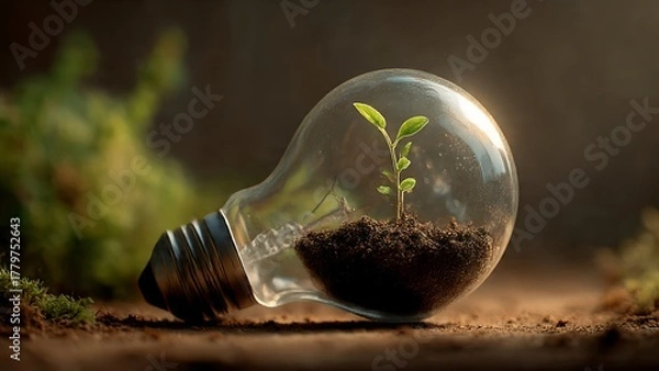 Obraz A green seedling growing inside of a light bulb, symbolizing sustainable energy. The bulb sits on the ground with moss around