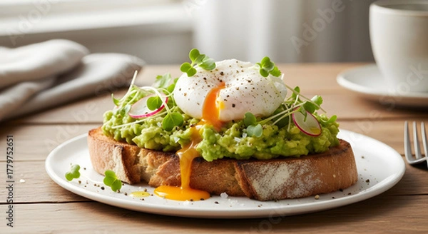 Fototapeta Hearty Avocado Toast Topped with Poached Egg and Microgreens. 