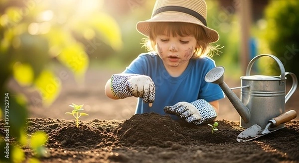 Obraz A young child in the garden working. The child is wearing a hat, gloves, and a blue shirt and is planting seedlings in a vegetable garden