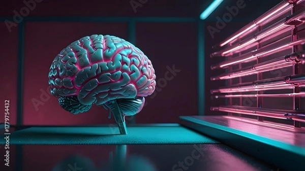 Fototapeta Brain in the middle of room with neons walls and pink light.