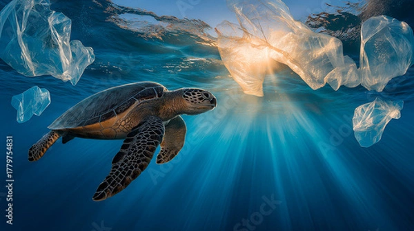 Obraz Sea turtle swimming through sunlight and floating plastic bags, representing ocean pollution and the fragile balance between marine life and human impact.