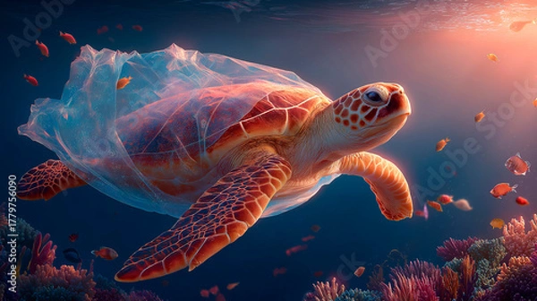 Obraz Sea turtle swimming gracefully through coral reef while wrapped in plastic, symbolizing the destructive impact of ocean pollution and the urgent call for marine conservation.
