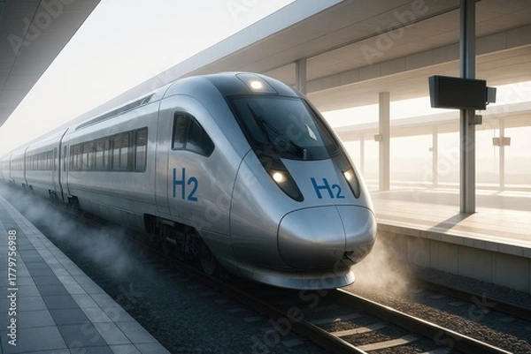 Obraz Sleek hydrogen train at station, symbolizing sustainable transport future.