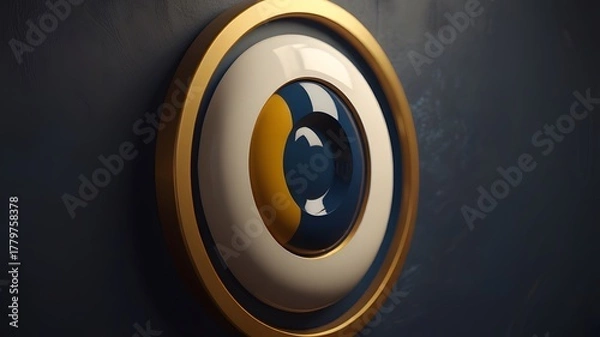 Fototapeta Close up of wall with an eyeball on it side and gold.