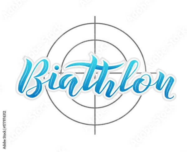 Fototapeta Biathlon blue lettering text on white textured background with black target, vector illustration. Biathlon vector calligraphy. Sport, fitness, activity vector design. Print for logo, T-shirt and hat.