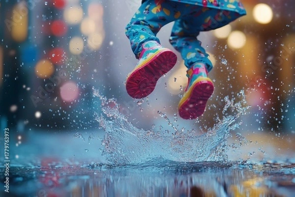 Fototapeta Child jumping into big puddle with splash
