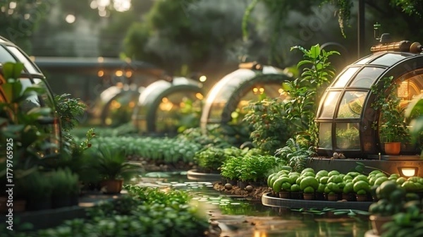 Obraz Lush greenhouse filled with vibrant green plants and futuristic pods bathed in warm golden sunlight