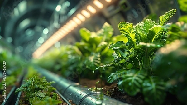 Fototapeta Vibrant green plants thrive under artificial grow lights in a modern, controlled agricultural environment