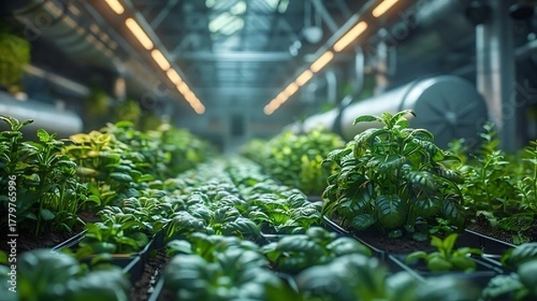 Obraz Vibrant green plants thrive in a modern indoor vertical farm illuminated by warm LED grow lights
