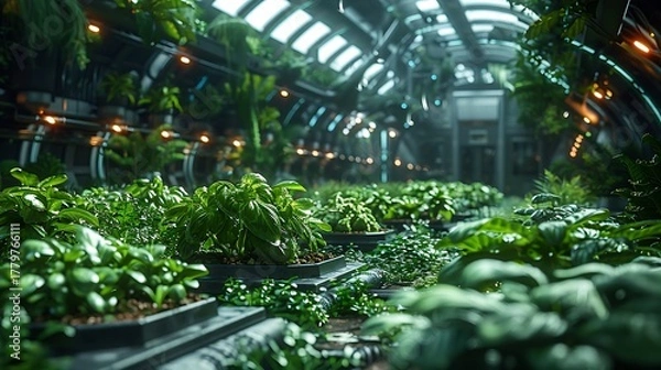 Obraz Vibrant vertical farm thrives under futuristic LED grow lights, showcasing lush green produce in an advanced controlled environment
