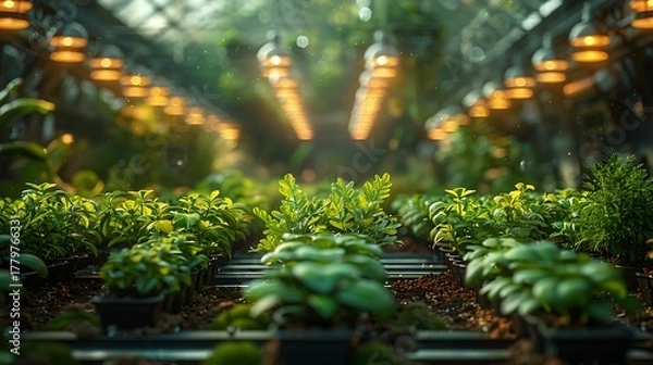Fototapeta Vibrant greenhouse rows of young plants thrive under warm grow lights, symbolizing growth and natural cultivation