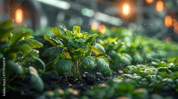 Obraz Vibrant green plants thriving under soft greenhouse lights, symbolizing growth and natural abundance