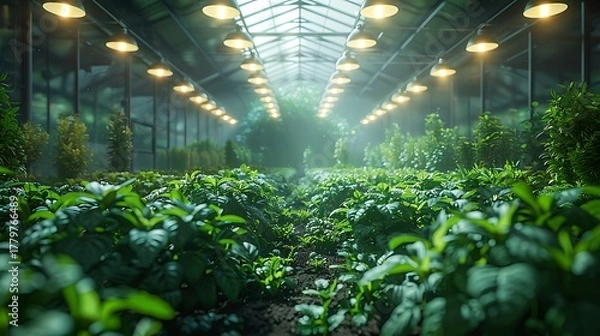 Obraz Lush green plants thrive under bright artificial lights in a modern, expansive greenhouse environment