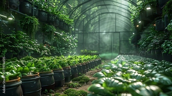 Fototapeta Vibrant greenhouse interior bursting with lush green plants and modern cultivation technology creating a sustainable future