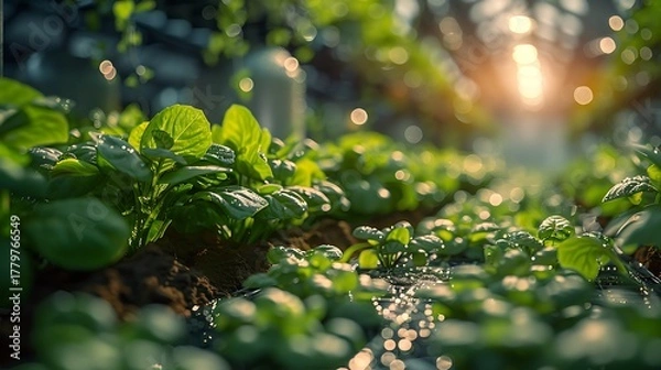 Obraz Vibrant young plant sprouts bathed in warm, diffused sunlight in a lush greenhouse setting