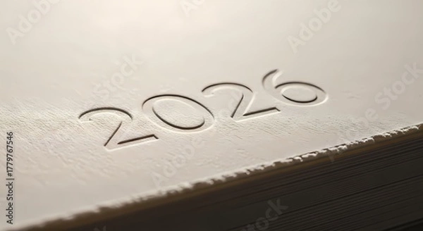 Fototapeta Embossed "2026" on a Clean White or Beige Textured Cover, New Year Concept