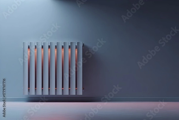 Fototapeta Modern minimalist radiator mounted on a cold-colored wall with soft ambient lighting