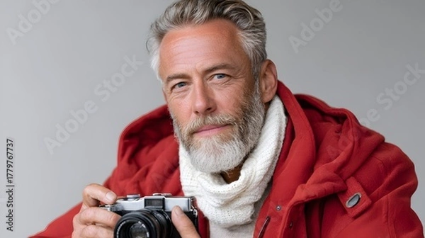 Obraz Elderly man with a camera, wearing a cozy red jacket and scarf, capturing moments with focus