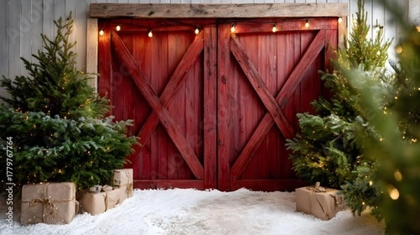 Obraz Red vintage rustic barn door with cozy Christmas trees and festive decorations in a winter setting