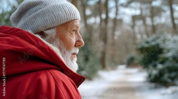 Fototapeta Elderly man in red winter coat walking through snowy forest path with serene atmosphere