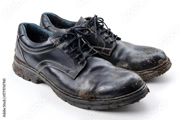 Obraz Black luxury men's shoes covered in mud on a white background showcasing unique style and texture