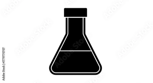 Obraz Black silhouette of a laboratory flask with a stopper filled with liquid on a white background representing scientific research and experimentation.