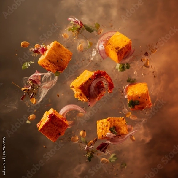 Fototapeta Delicious and flavorful paneer tikka masala cubes with onions and herbs floating in the air shot