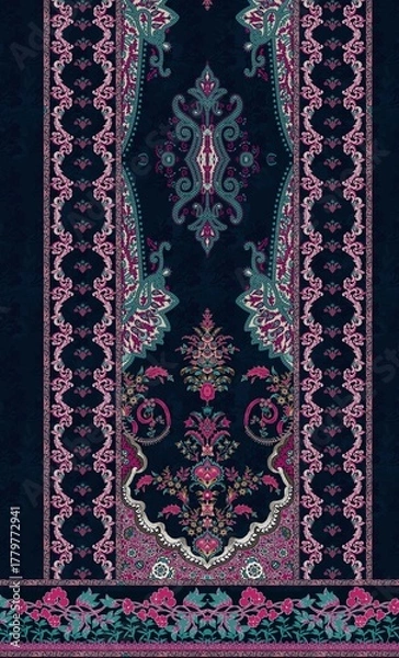Fototapeta Intricate Paisley Textile with Floral Medallion and Ornamental Border in Blue, Pink, and Teal