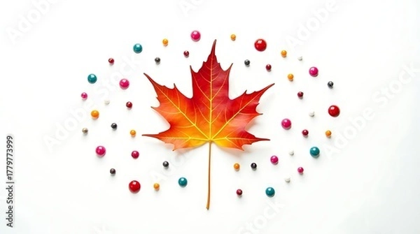 Fototapeta Vibrant autumn maple leaf surrounded by colorful droplets in a circular pattern