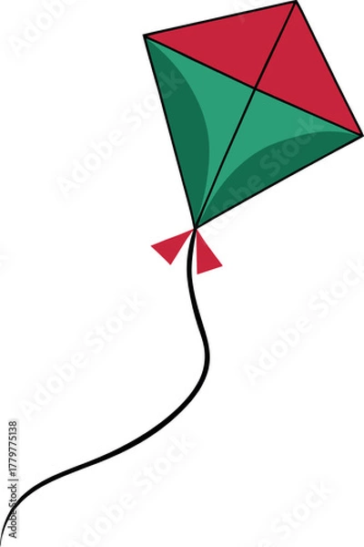 Fototapeta Colorful Geometric Flying Kite with Red and Green Triangles and Decorative Tail