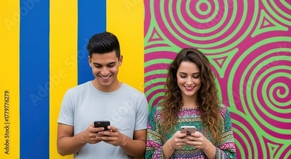 Obraz Happy young couple using smartphones on a colorful background. Man and woman smiling while browsing social media. Modern communication, technology and relationships concept.
