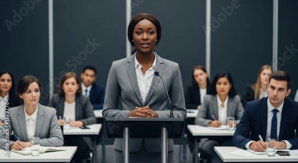 Obraz Confident black female speaker at a business conference. Public speaking, presentation, leadership concept. Diverse corporate team at a training seminar listening to a lecture.
