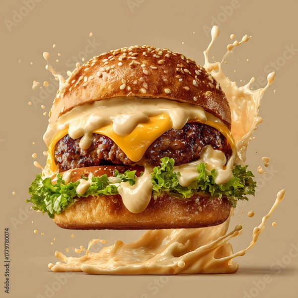 Fototapeta Burger with melted cheese mid-bite, dynamic sauce and lettuce splashes, soft neutral background
