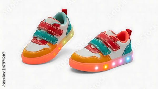 Obraz Brightly colored kids shoes with lights on a white background
