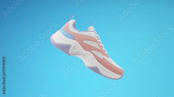Obraz Fashionable Pastel Colored Sneaker Floating Against a Clean Blue Background Studio Shot
